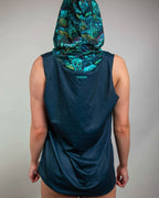 Rave bodysuit style Faewood hooded tank top back view showing teal coral print hood lining festival wear