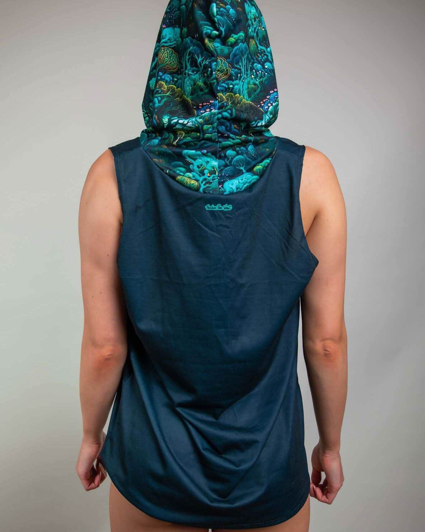 Rave bodysuit style Faewood hooded tank top back view showing teal coral print hood lining festival wear
