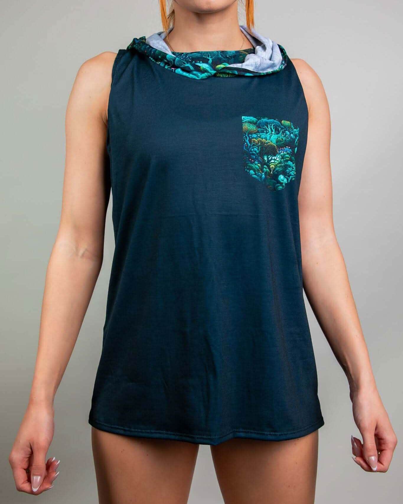 Rave bodysuit style Faewood hooded tank top in teal with mystical forest print - festival outfit front view