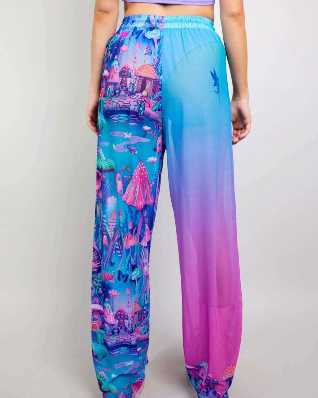 Rave bodysuit style Fairycore Mesh Lucy Pants back view showing purple-pink gradient and whimsical mushroom print festival outfit