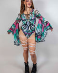 Flutter Goddess rave bodysuit with holographic butterfly print and bell sleeves - festival fashion front view