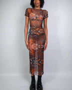 Rave bodysuit style Fossil mesh maxi dress in brown rust pattern, festival outfit front view