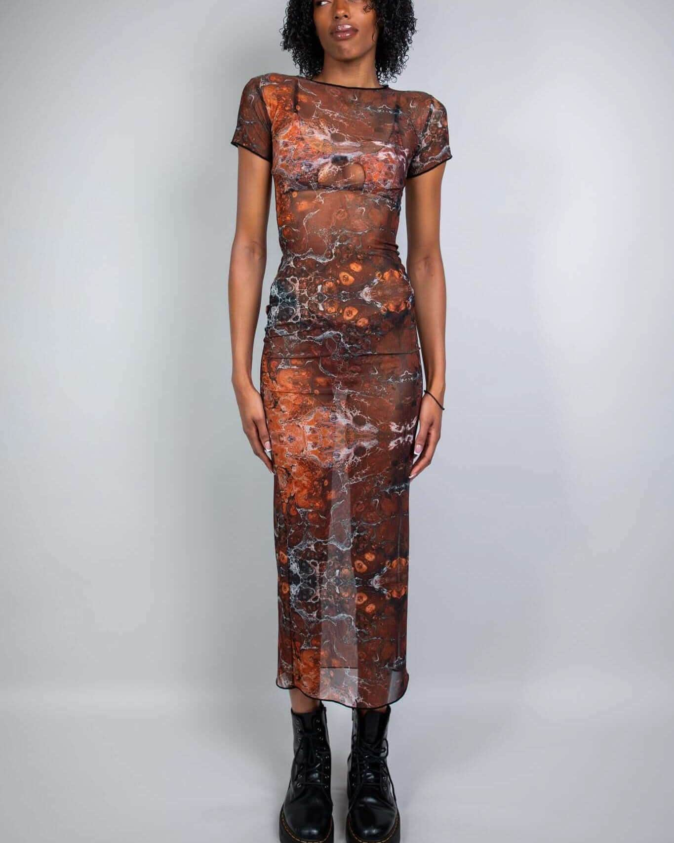 Rave bodysuit style Fossil mesh maxi dress in brown rust pattern, festival outfit front view