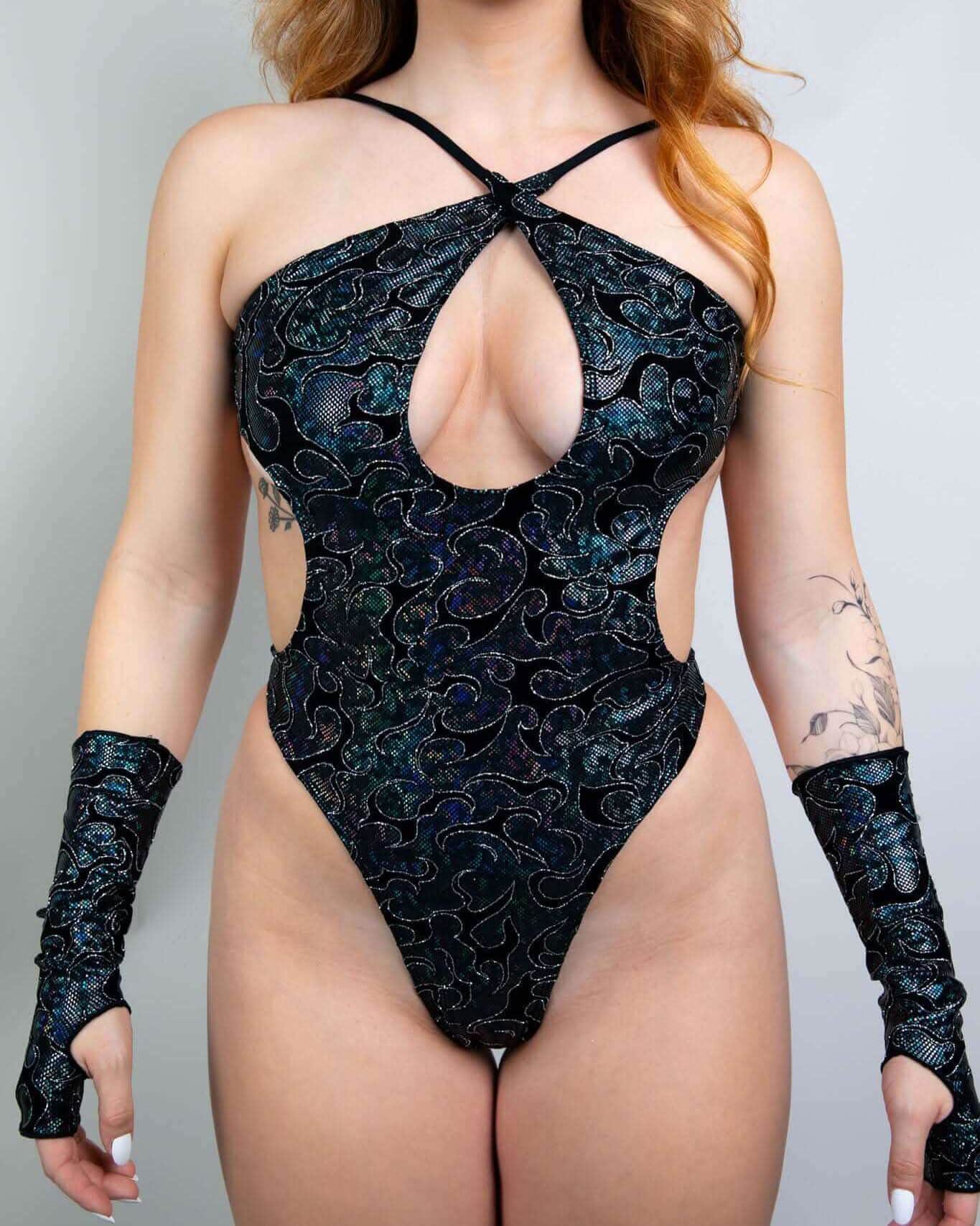 Hellcat Halo rave bodysuit with iridescent paisley print and keyhole cutout, modeled front view