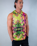 Rave bodysuit style Intensity mens hooded tank top with neon green pink trippy patterns festival outfit front view