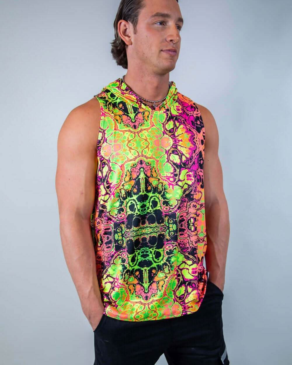 Rave bodysuit style Intensity mens hooded tank top with neon green pink trippy patterns festival outfit front view
