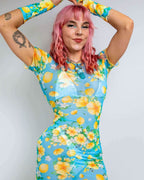 Lemon Drop mesh maxi dress rave bodysuit style with blue floral print front view festival outfit