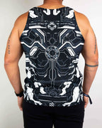 Rave bodysuit style Mechanoid tank top back view showing futuristic robot circuit design for festival wear