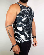 Rave bodysuit mechanoid tank top in black circuit pattern - fitted festival outfit for men