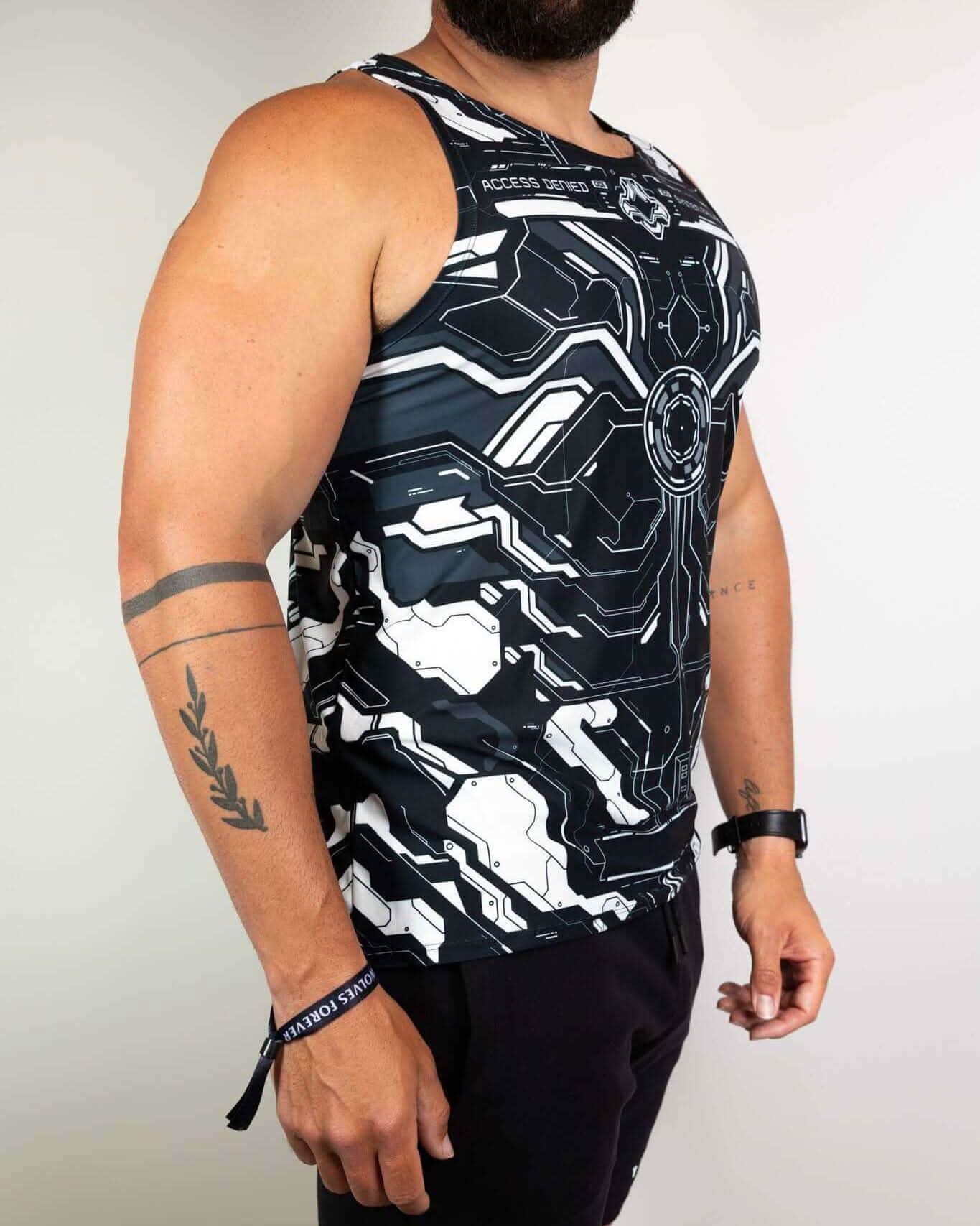 Rave bodysuit mechanoid tank top in black circuit pattern - fitted festival outfit for men