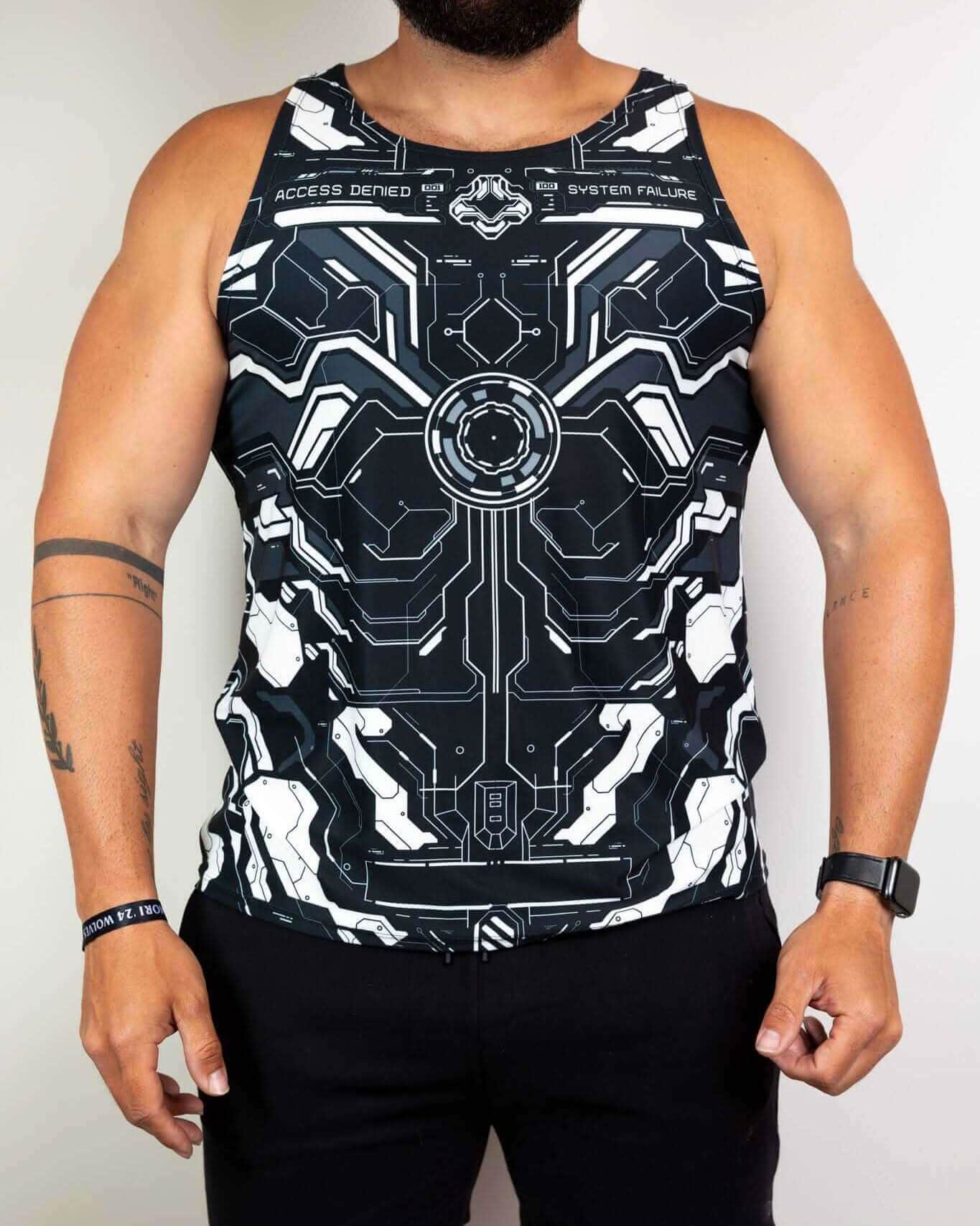 Rave bodysuit inspired Mechanoid tank top with futuristic robot design on male model front view festival wear