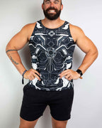 Male model wearing Mechanoid rave bodysuit style tank top with futuristic robot design for festival outfit