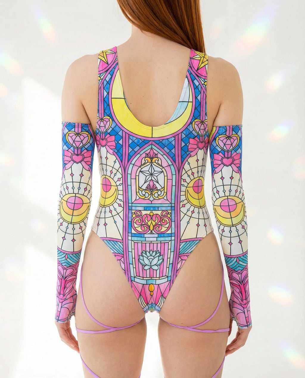 Moonlight Sideboob Bodysuit with Leg Straps, back view, showcasing pastel stained-glass rave print and detached sleeves.