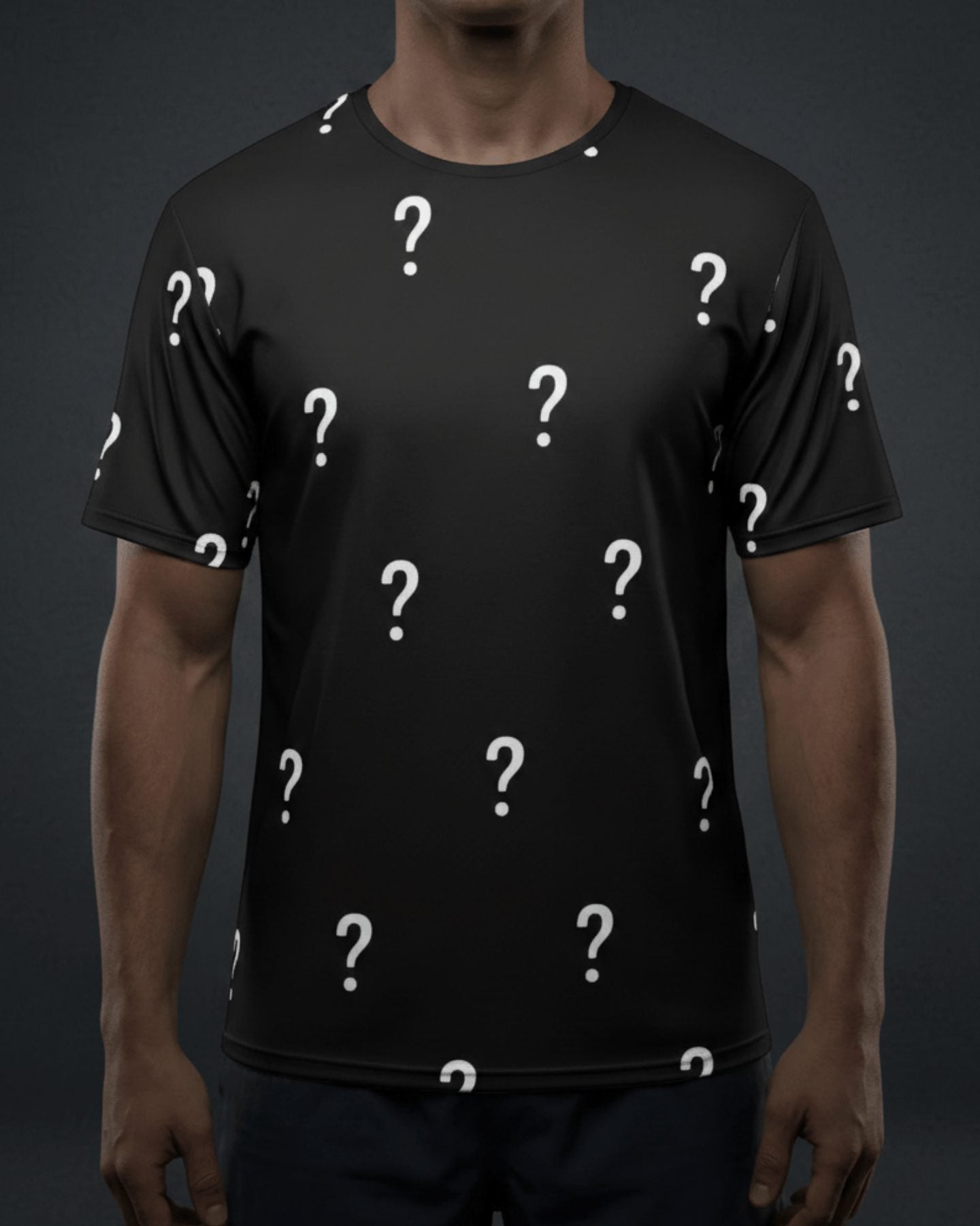 Mystery rave bodysuit with white question mark print on black background worn by male model front view
