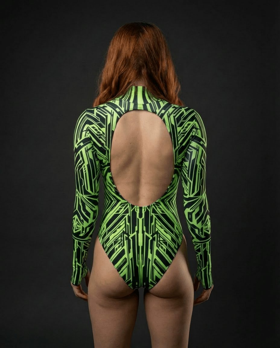Back view of rave bodysuit in neon green Techtronix pattern with open back cutout detail