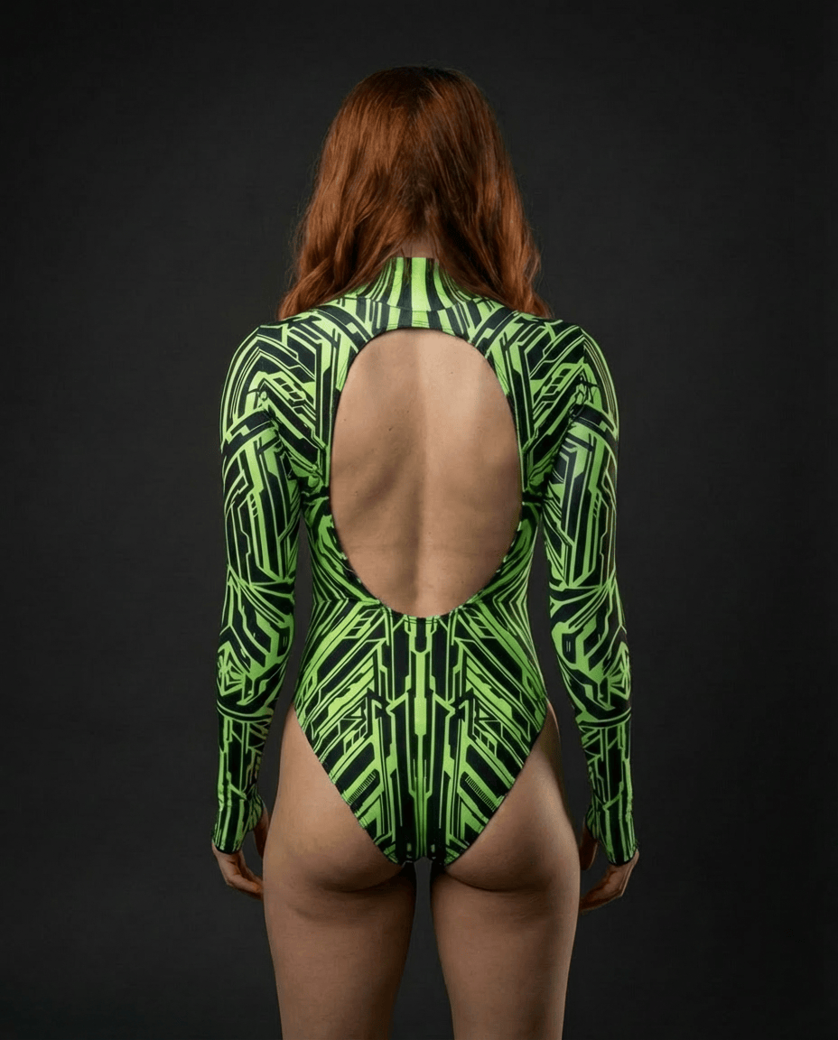 Back view of rave bodysuit in neon green Techtronix pattern with open back cutout detail