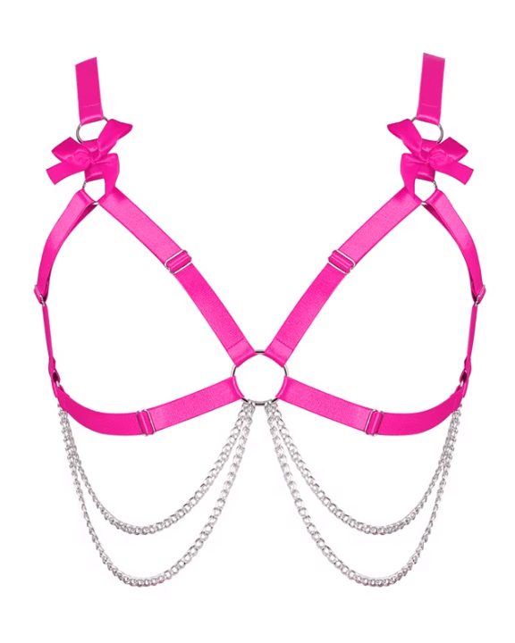 Pink rave bodysuit harness with bow details and chain accents for festival outfit styling