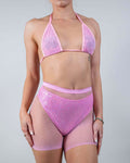 Pink rhinestone fishnet rave bodysuit set with sequined bikini top and mesh shorts for festival outfits