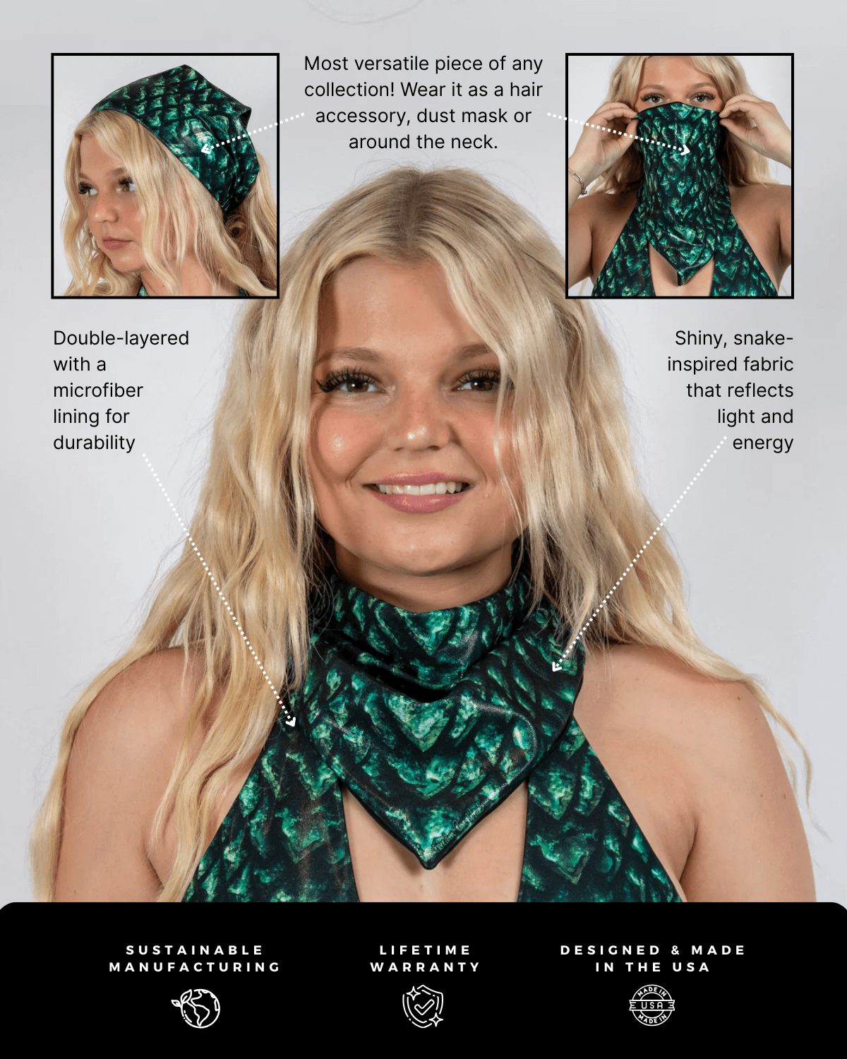 Rave bodysuit model showcasing green Predator bandana festival accessory with snake print pattern and styling options