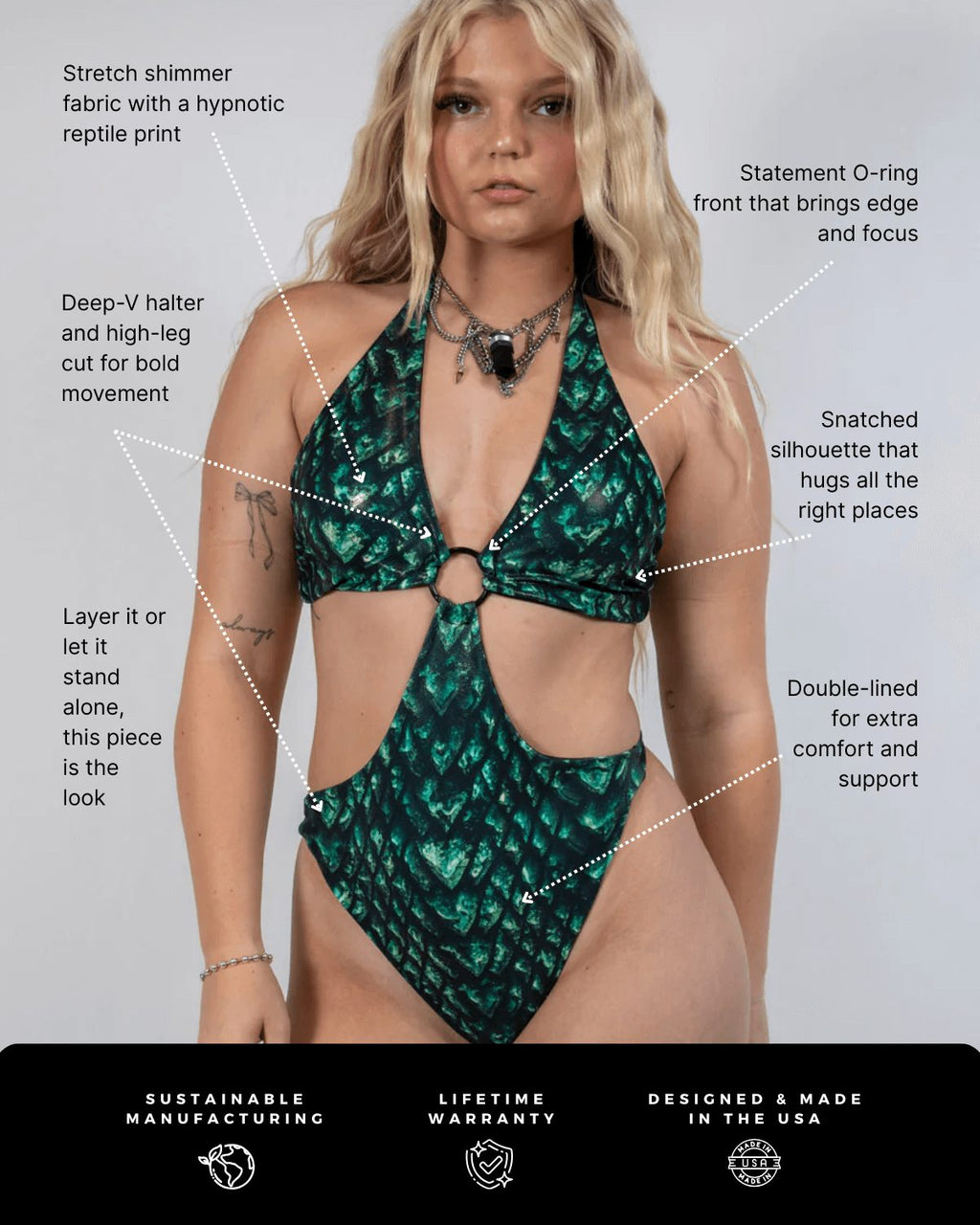 Green Predator rave bodysuit with O-ring cutout detail modeled from front showing reptile print pattern