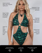 Green Predator rave bodysuit with O-ring cutout detail modeled from front showing reptile print pattern