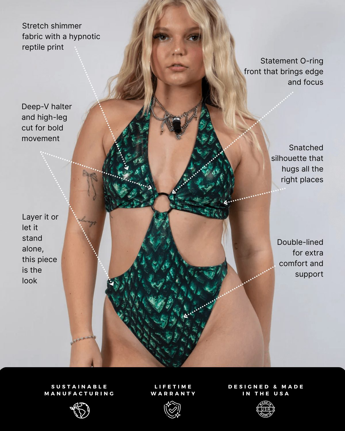 Green Predator rave bodysuit with O-ring cutout detail modeled from front showing reptile print pattern