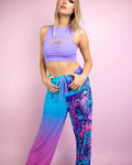 Rave bodysuit alternative purple mesh crop top with Fairycore Lucy pants festival outfit front view
