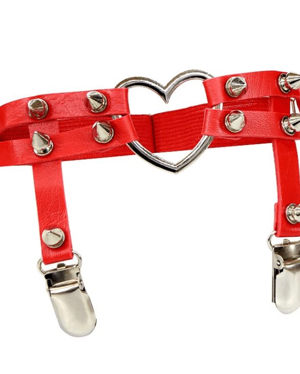 Red I Heart U leg garter with silver studs and heart ring for rave bodysuit festival outfit styling