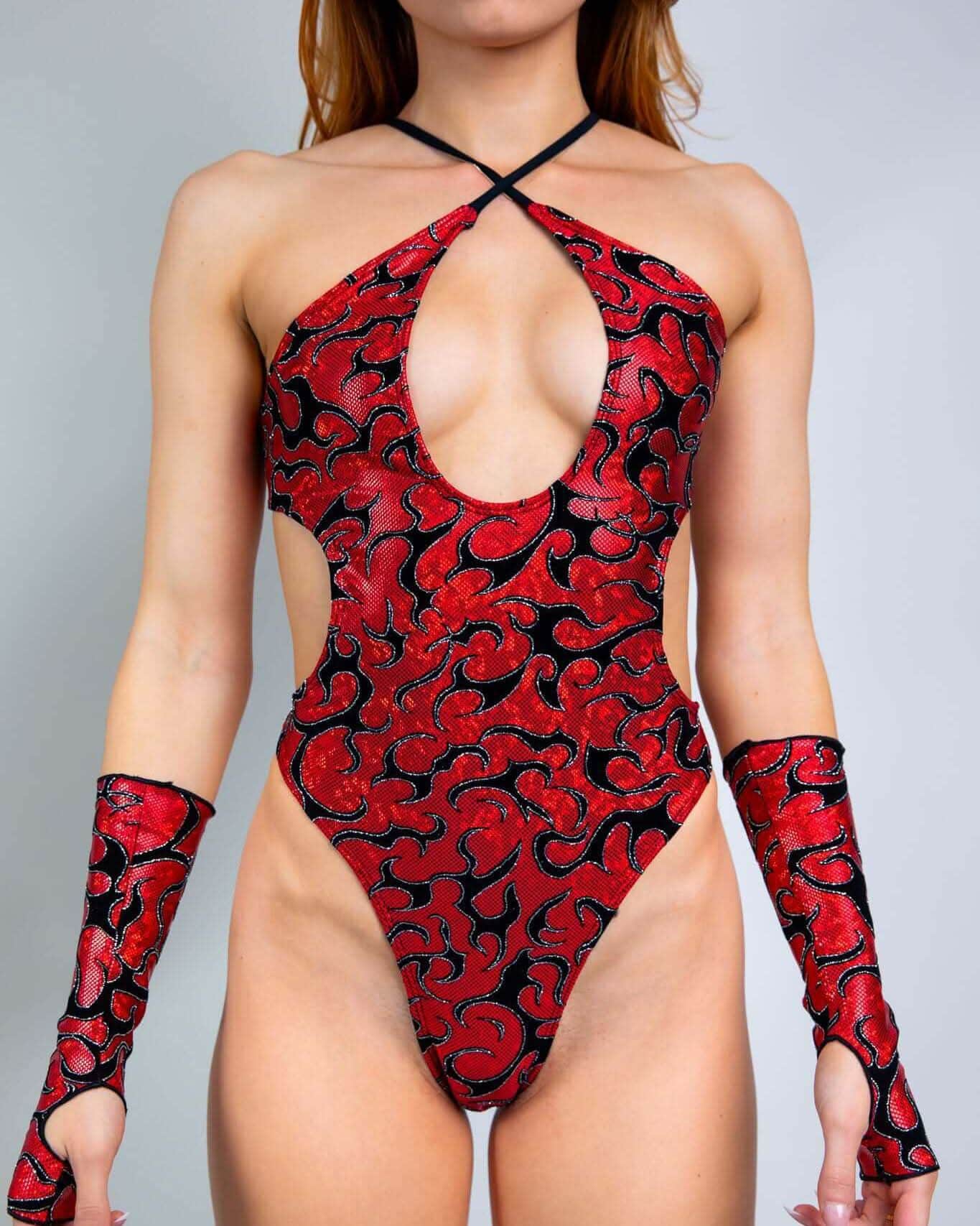 Red flame print rave bodysuit with keyhole chest and cross-back straps, festival outfit front view