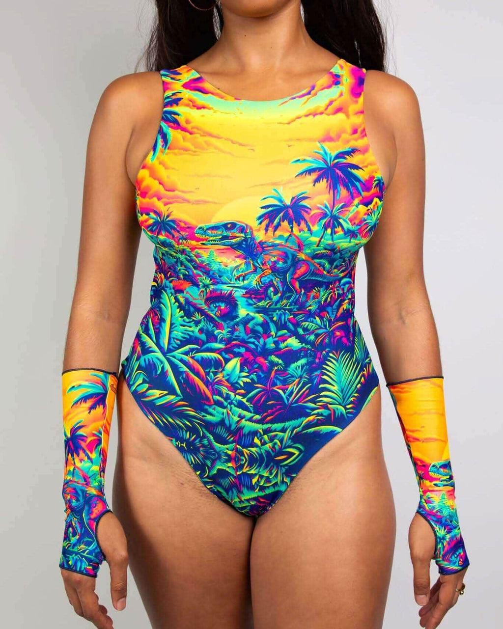 Saurian reversible high neck rave bodysuit with tropical dinosaur print and matching arm sleeves front view