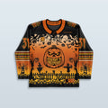 Rave bodysuit inspired Spooky Szn Halloween hockey jersey in black orange gradient for festival wear