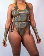 Starfire Temptation Cheeky One Piece rave bodysuit in holographic gold, front view, with matching arm sleeves.