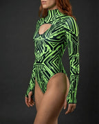 Techtronix Supernova Bodysuit side view, neon green and black geometric pattern, high neck, keyhole cutout, long sleeves with thumbholes, perfect for rave festivals.