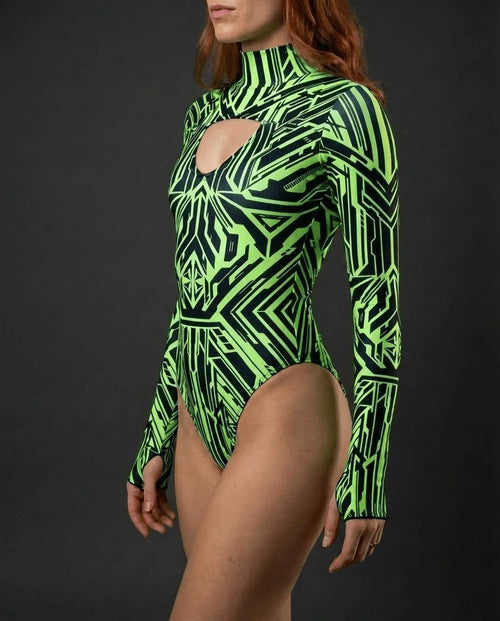 Techtronix Supernova Bodysuit side view, neon green and black geometric pattern, high neck, keyhole cutout, long sleeves with thumbholes, perfect for rave festivals.