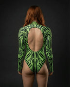 Techtronix Supernova Bodysuit from the back, showcasing the neon green and black geometric pattern, perfect for rave festivals.