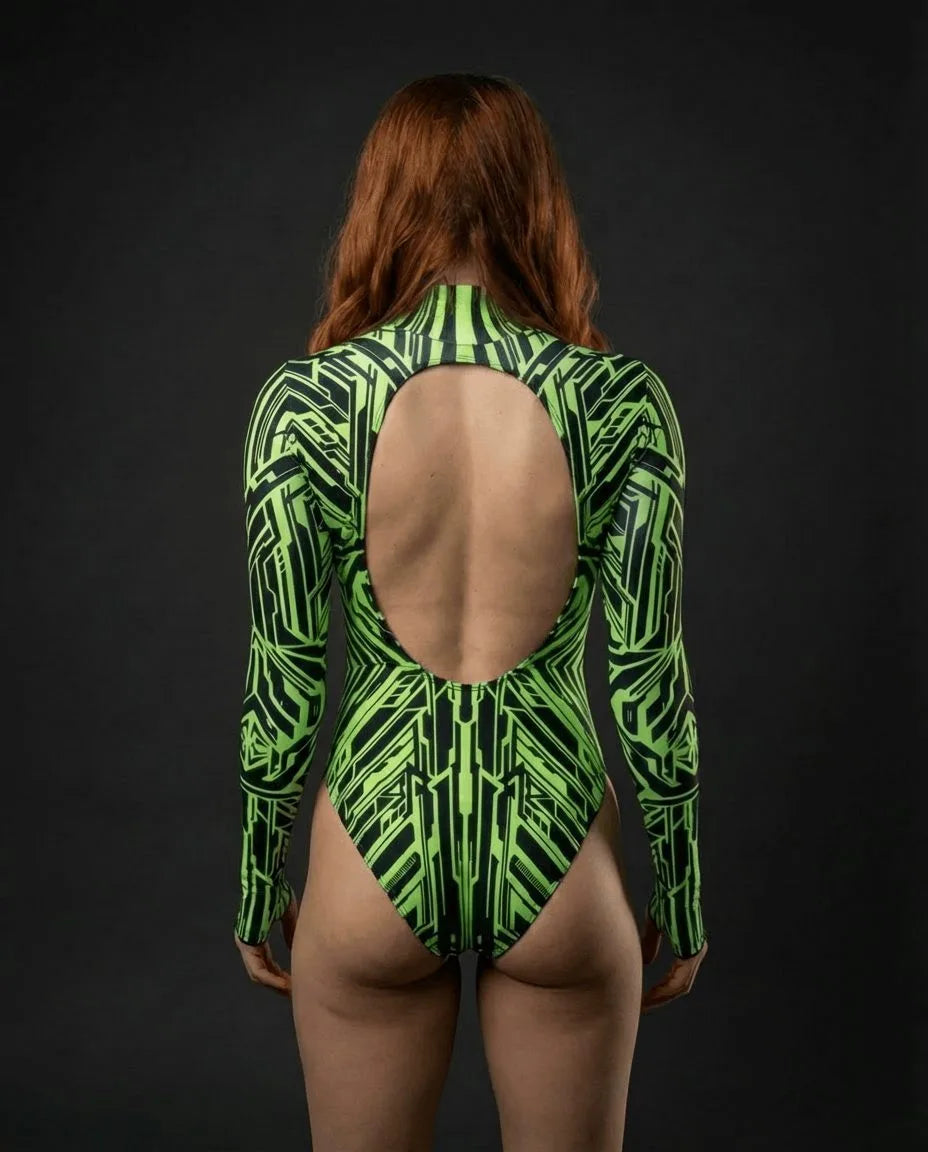 Techtronix Supernova Bodysuit from the back, showcasing the neon green and black geometric pattern, perfect for rave festivals.