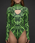Techtronix Supernova Bodysuit front view, featuring a neon green and black geometric pattern, perfect for rave festivals.