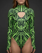 Techtronix Supernova Bodysuit front view, featuring a neon green and black geometric pattern, perfect for rave festivals.