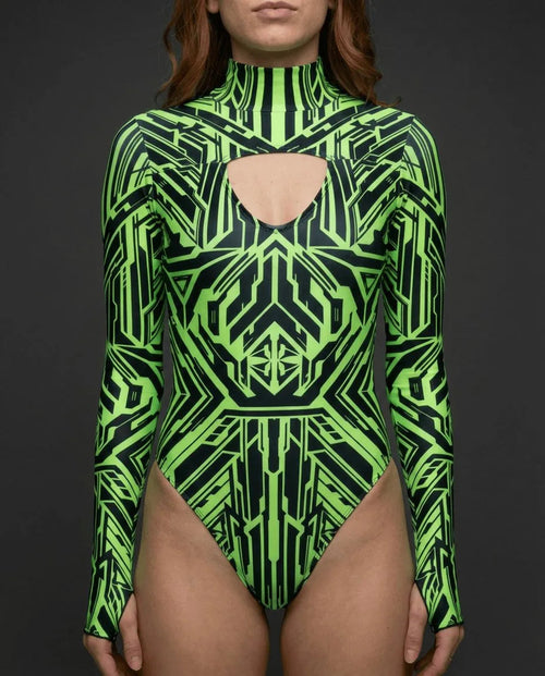 Techtronix Supernova Bodysuit front view, featuring a neon green and black geometric pattern, perfect for rave festivals.