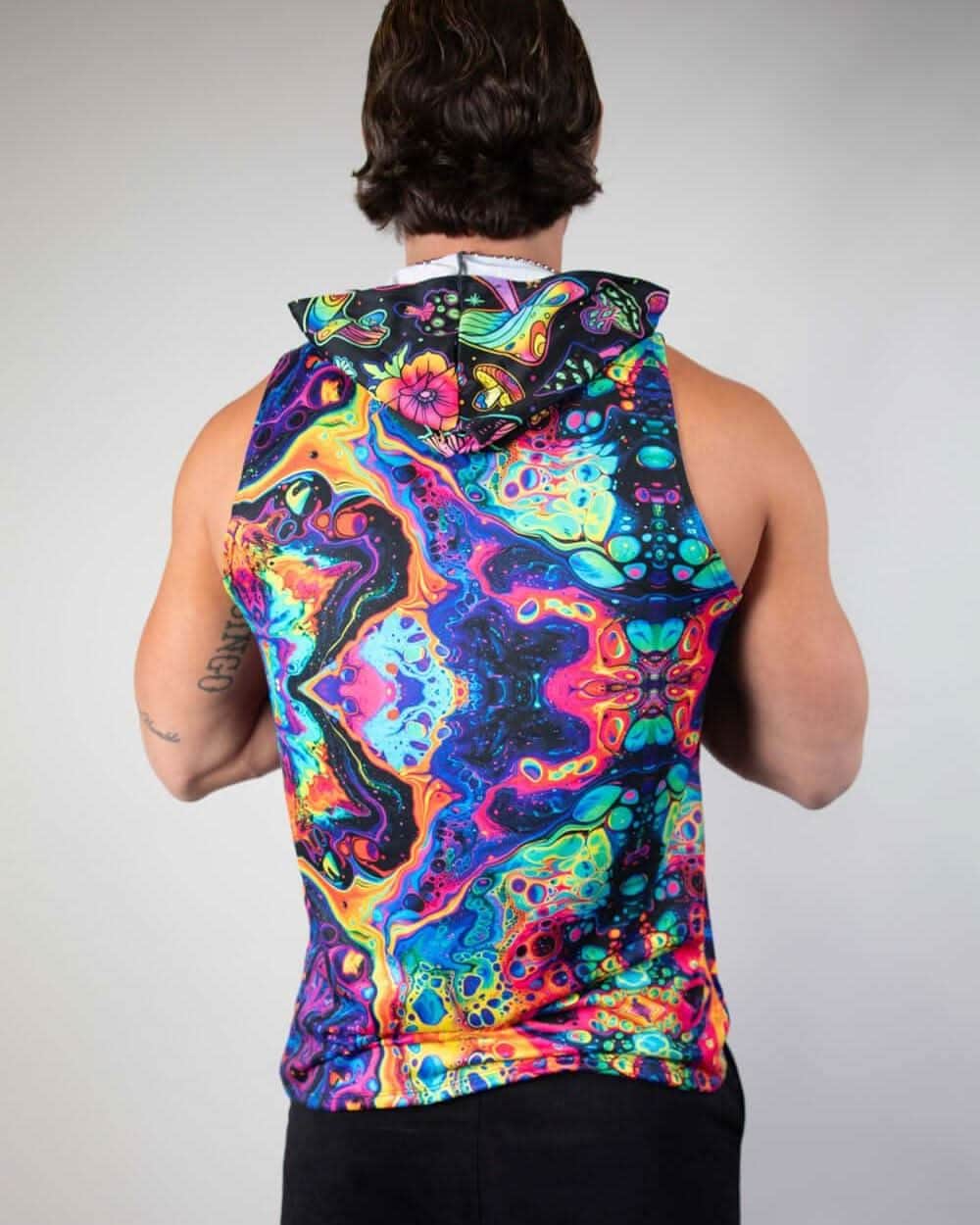 Rave bodysuit style Vivid Shroomie hooded tank top back view showing psychedelic mushroom print festival wear