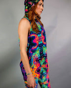Rave bodysuit Vivid Shroomie psychedelic rainbow hooded tank top festival outfit side view profile pose