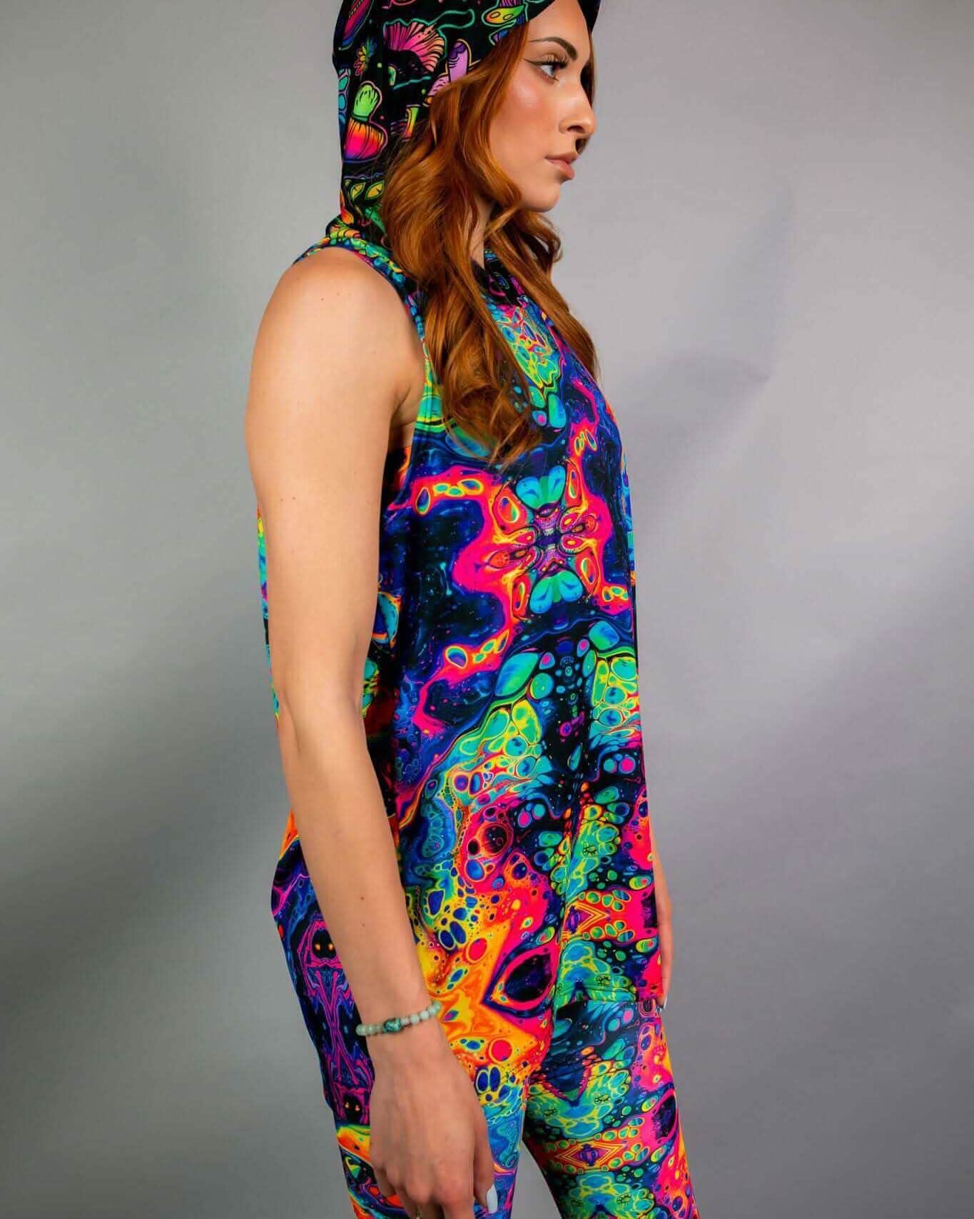 Rave bodysuit Vivid Shroomie psychedelic rainbow hooded tank top festival outfit side view profile pose