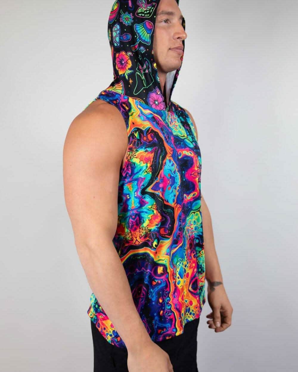 Rave bodysuit style Vivid Shroomie hooded tank top in psychedelic multicolor print, male model side view festival wear