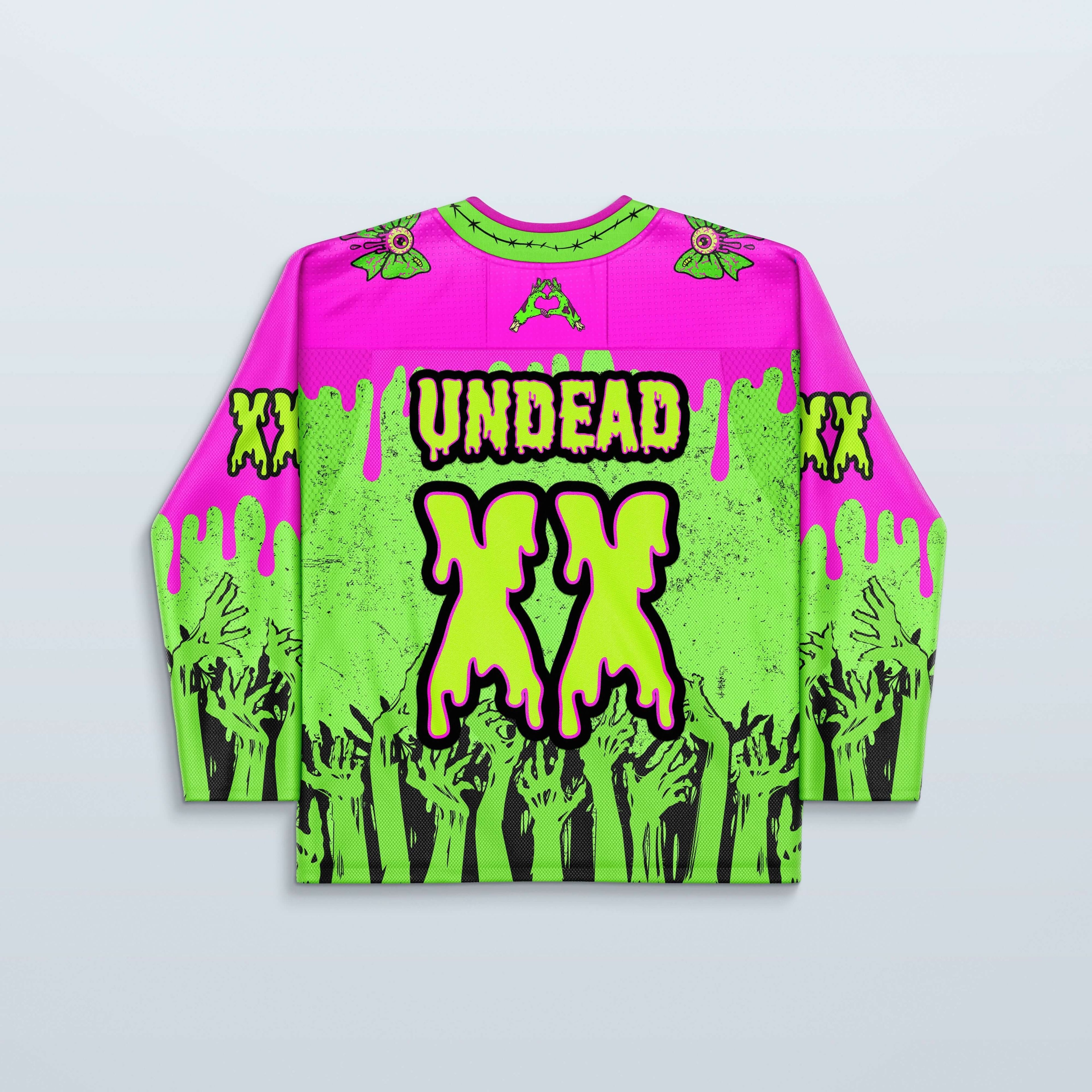 Rave bodysuit style Zombae hockey jersey in neon green and hot pink for festival outfits