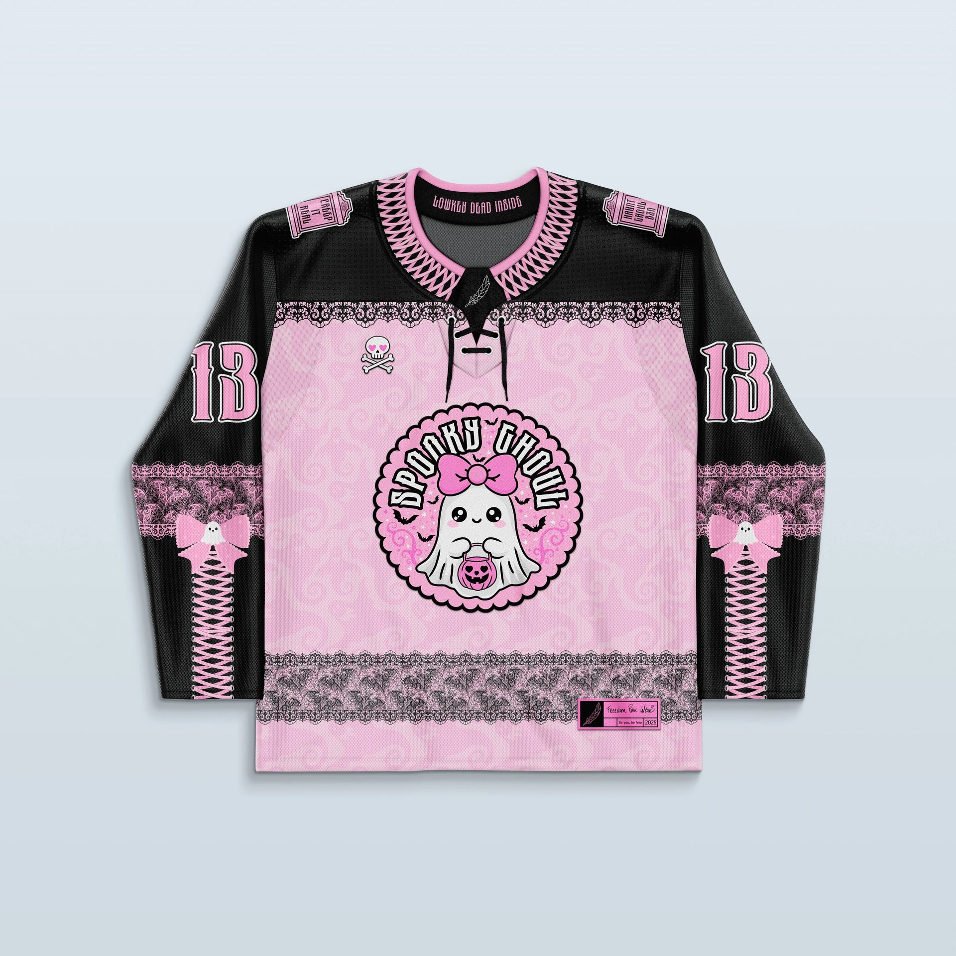 Boo Hockey Jersey - Limited Editon featuring a pink design with ghost and pumpkin graphics, perfect for rave outfits.
