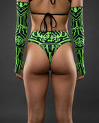 Techtronix High Waisted Thong in neon green and black, viewed from the back on a model, perfect for rave festivals.