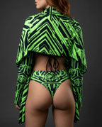 Techtronix High Waisted Thong in neon green and black, viewed from the back, perfect for rave festivals.