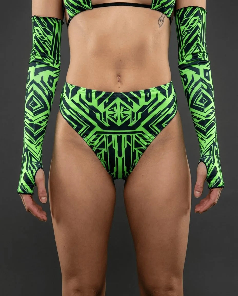 Neon green Techtronix rave bottoms high waist shorts with geometric circuitry pattern front view