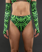 Techtronix High Waisted Thong in neon green and black geometric pattern, front view, perfect for rave festivals