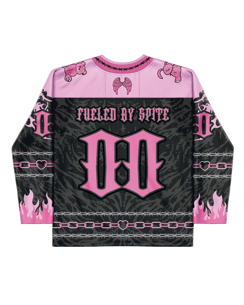 Pink and black Cute But Psycho hockey jersey rave bodysuit front view festival outfit with gothic design